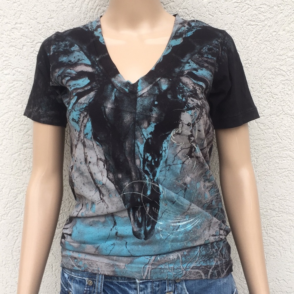 Archaic/ Affliction Tee medium black silver v neck